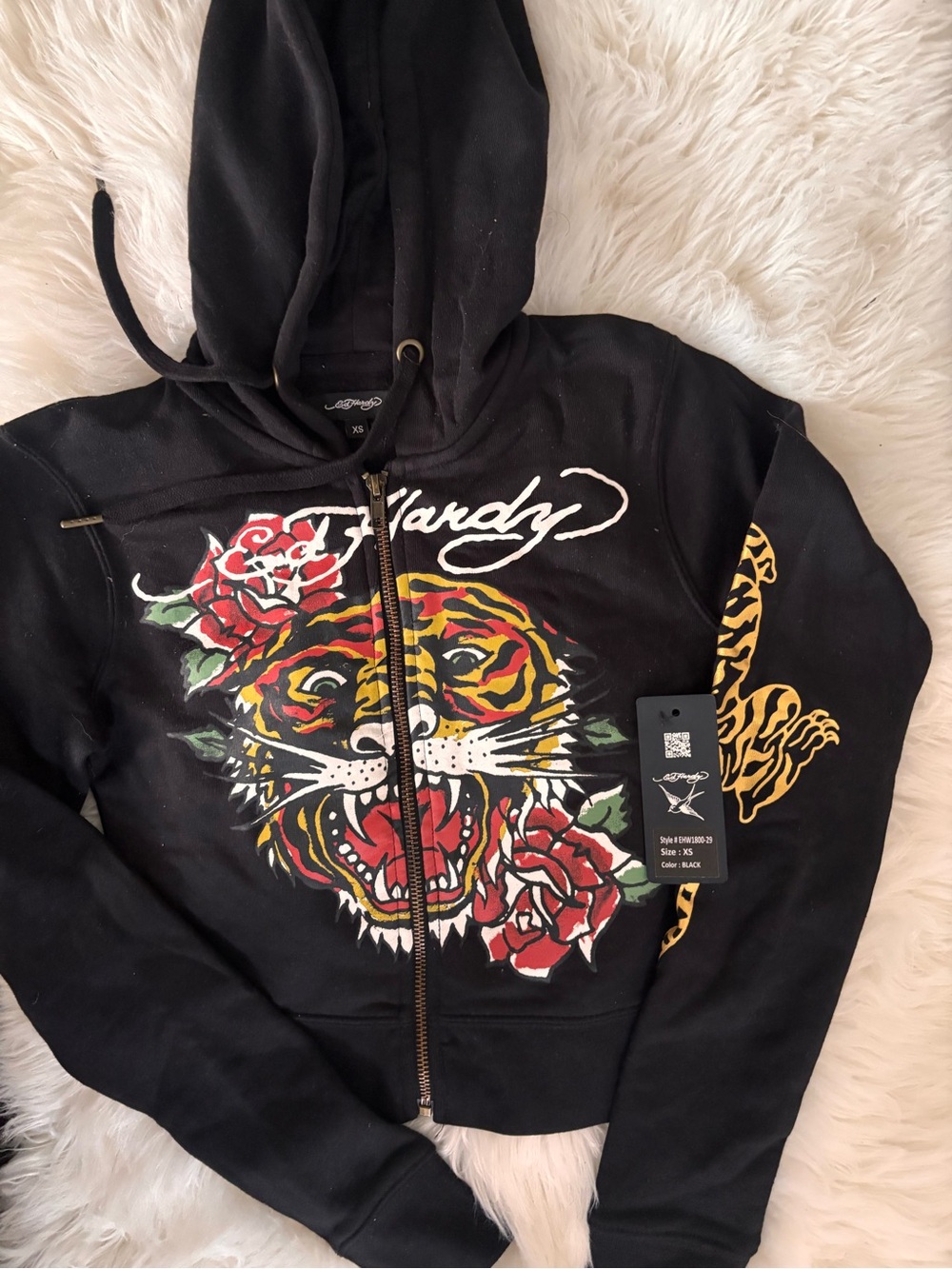 Ed Hardy Black Zip-Up Bomber Jacket with Tiger & Rose Design